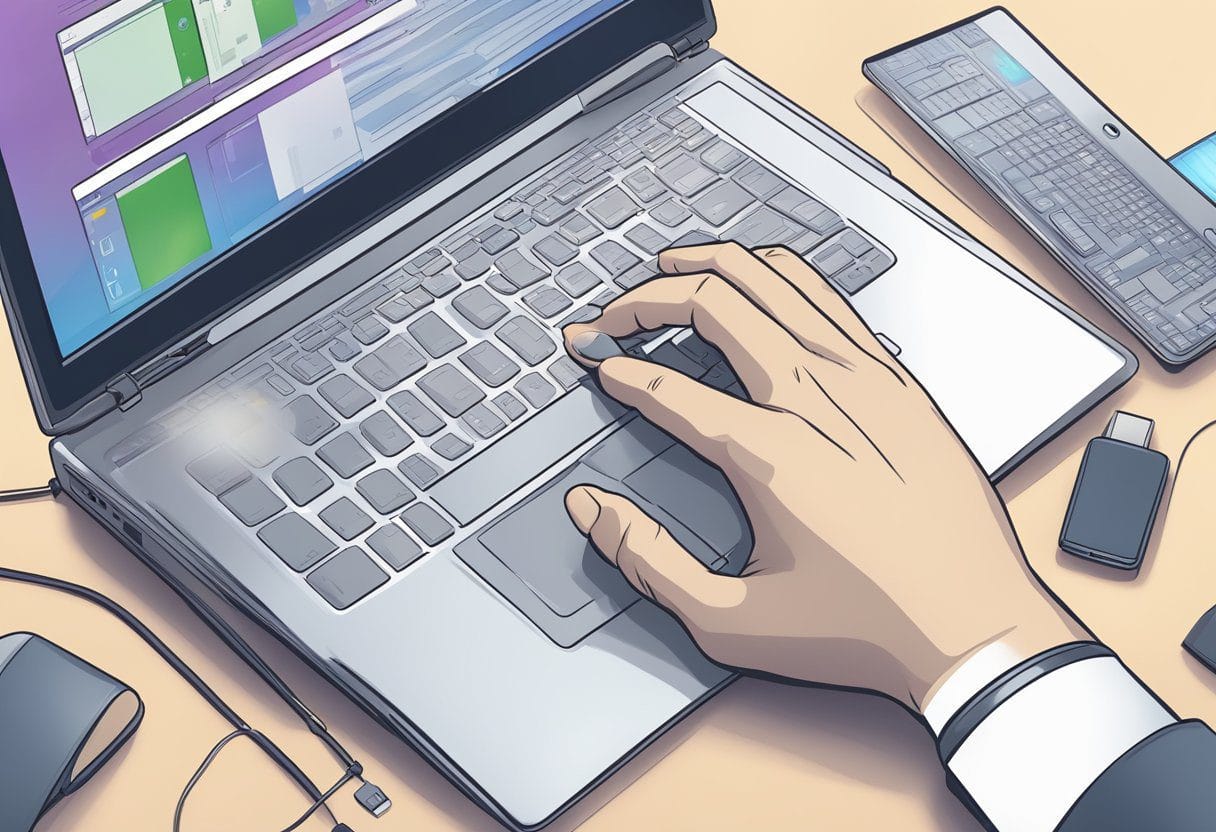 A hand reaching for the laptop touchpad, pressing the keys to access the Device Manager, and navigating to the Mouse section to unlock it